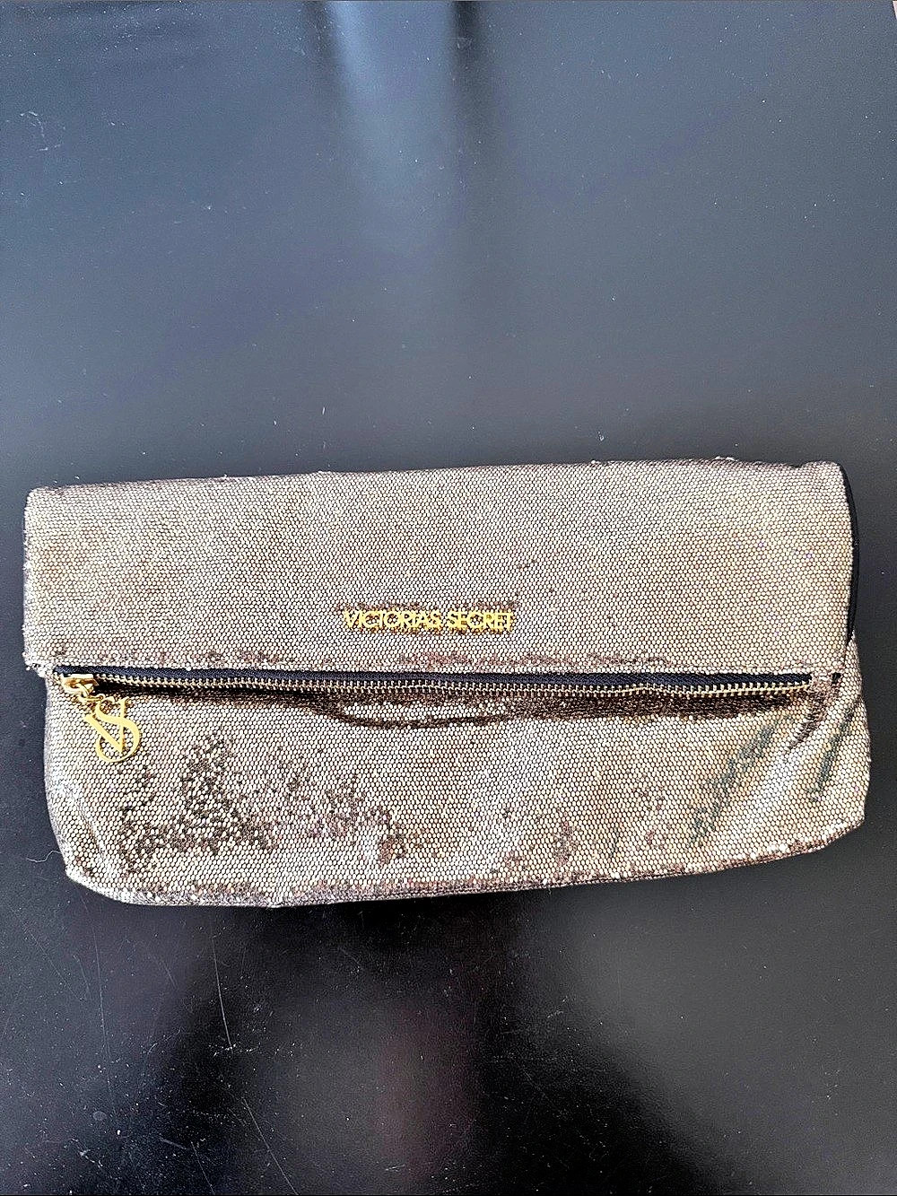 Victoria's Secret Gold Sequin Foldover Clutch Gold & Black